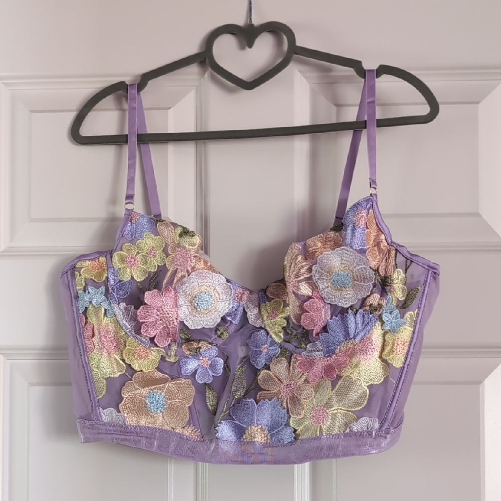 Floral Embroidered Purple Crop Top